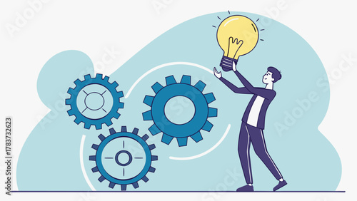 Innovative business solutions: A man connects gears to a bright idea, symbolizing problem solving and creative thinking for professional business growth