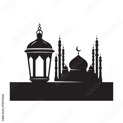 ramadan lantern and mosque skyline vector silhouette clip art logo design illustration. abstract lantern and mosque icon set collection