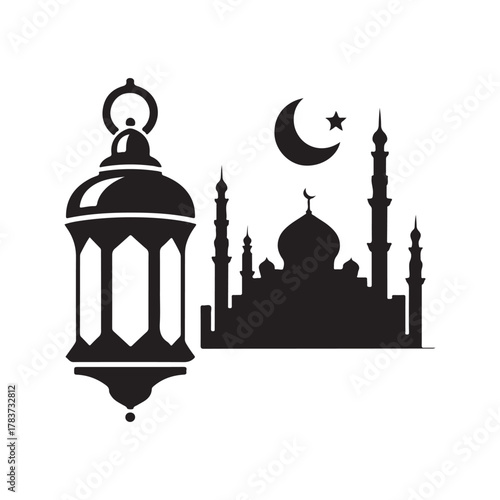 ramadan lantern and mosque skyline vector silhouette clip art logo design illustration. abstract lantern and mosque icon set collection