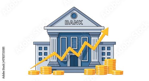 Bank building with a rising graph showing financial growth and stacks of coins