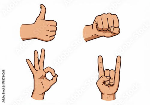 Four cartoon hands displaying different gestures, including thumbs up, fist, okay, and rock on.
