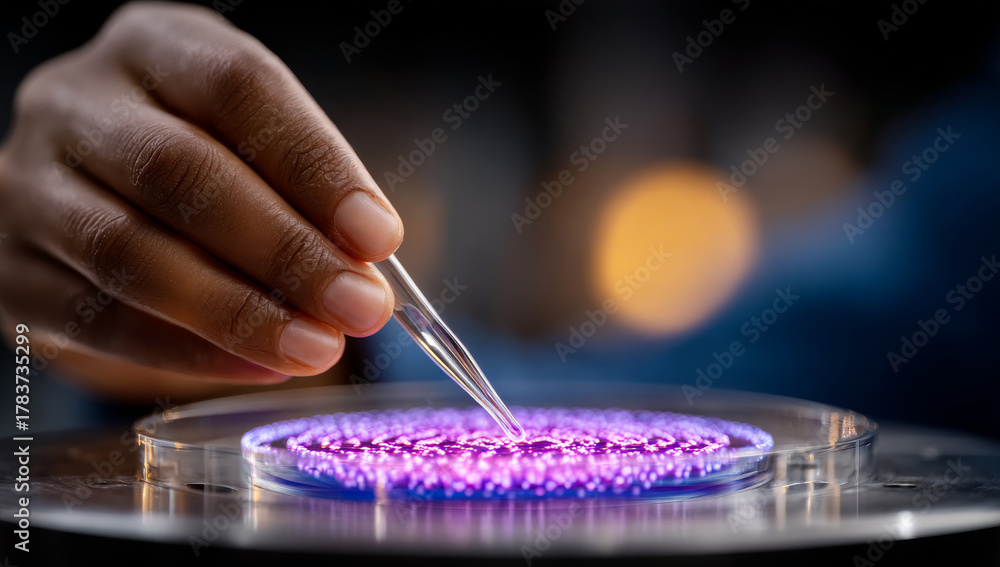 Fototapeta premium Applying liquid on glowing surface. A hand carefully adds liquid to a brightly lit, circular surface, creating an intricate design that glows.