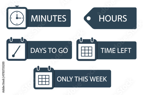 Vector icons set illustrating countdown elements for time-sensitive events, featuring minutes, hours, days, and weekly reminders, perfect for event planning, deadlines, scheduling, and productivity de