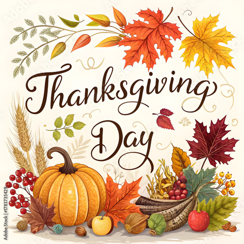 Thanksgiving day autumn harvest pumpkin leaves fall festive holiday greeting card