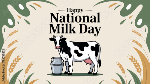 Happy National Milk Day with Cow and Milk Bottle Illustration