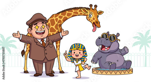 Curious Cartoon Friends An Explorer, Giraffe, Hippo, and Pharaoh Kid