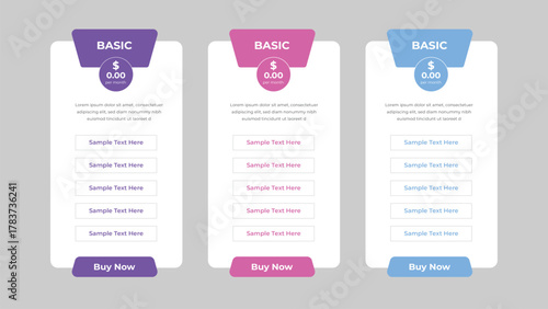 Comparison of Three Basic Pricing Plans Featuring Sample Text, Buy Now Buttons, and Zero Cost