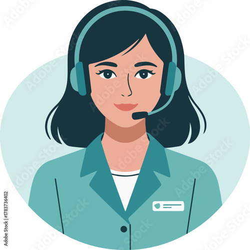 Woman wearing headset and teal jacket with name tag microphone call center