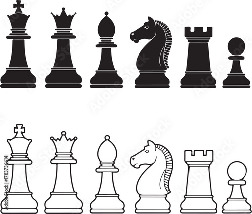 Black and white chess pieces silhouettes and outlines illustration