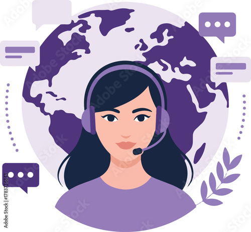 Woman with headset and globe with chat bubbles world communication