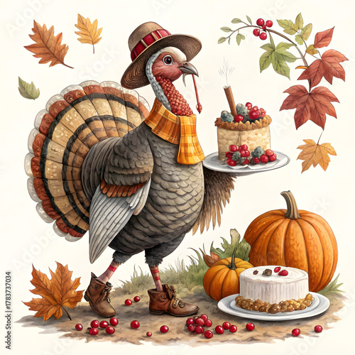 Thanksgiving turkey gentleman serving festive cakes autumn harvest