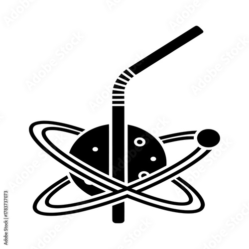 Conceptual black vector icon of a planet or atom with a drinking straw, symbolizing cosmic refreshment, a universal drink, or scientific innovation