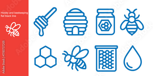 Honey and beekeeping line and flat icons vector set with editable stroke. Bee, beehive, honeycomb, honey, jars, hive, spoons, flowers icons collection on white background. Vector illustration