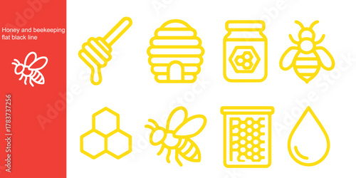Honey and beekeeping line and flat icons vector set with editable stroke. Bee, beehive, honeycomb, honey, jars, hive, spoons, flowers icons collection on white background. Vector illustration
