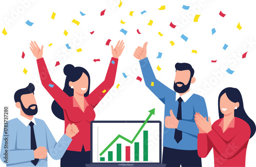 Group of diverse business people celebrating success with confetti and a rising graph on a laptop screen, expressing teamwork and achievement.