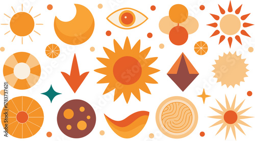 Vector collection of sun, icon, shape, symbol, logo on white.