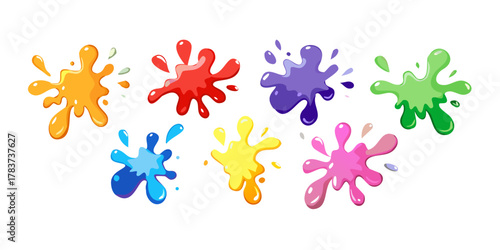 color splash set cartoon. yellow red pink green purple orange blue paint blot, drops bright multicolored vector illustration