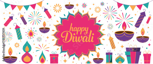 Colorful happy Diwali celebration background with decorative oil lamps, fireworks, crackers, gifts, festive bunting flags, sparkles, traditional Indian festival design