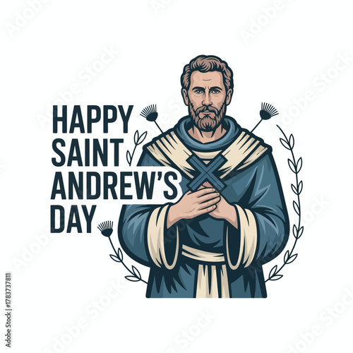 Happy Saint Andrew's Day Illustration with Saint Holding Cross and Thistle