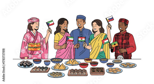 Diverse group of people celebrating global unity with food and flags