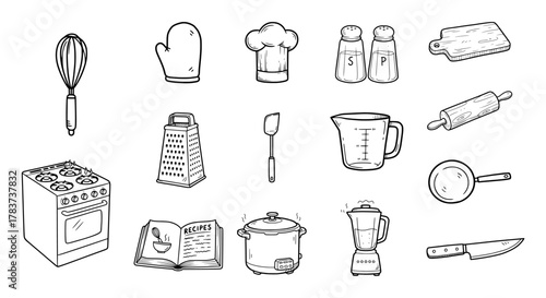 Hand-drawn kitchen icons and cooking utensils set. Vector doodle illustration collection of culinary elements.
