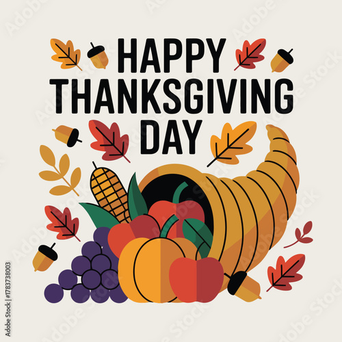 Happy Thanksgiving Day Cornucopia with Autumn Leaves and Harvest Elements