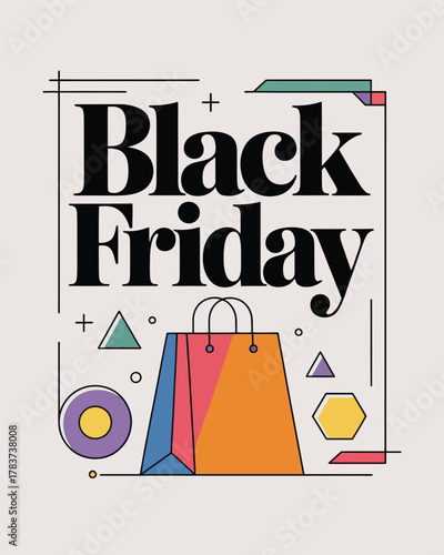 Black Friday Shopping Sale with Colorful Bag and Geometric Design