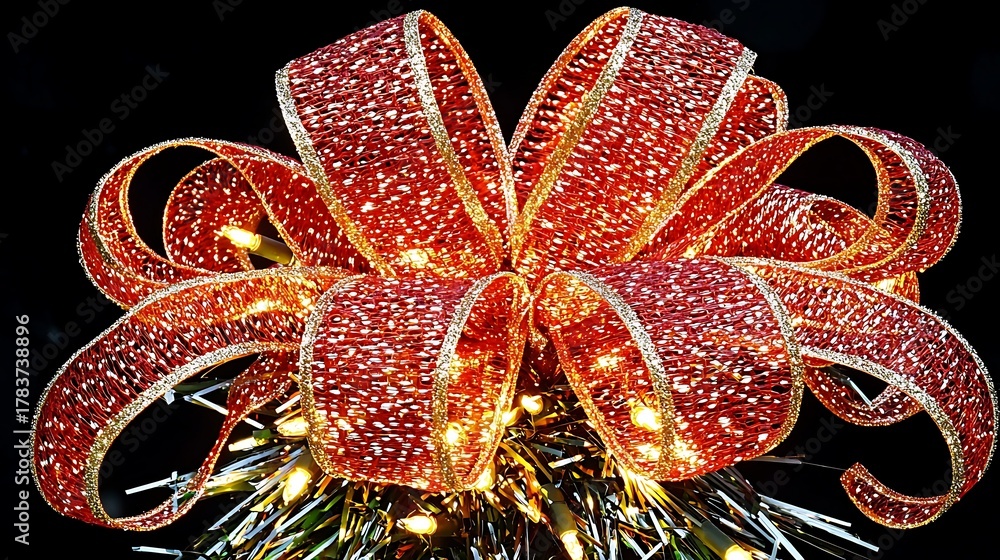 Fototapeta premium Close macro shot showing detailed red fabric weave with golden decorative bow softly illuminated