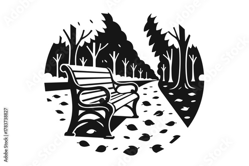 Park bench in autumn alley, black and white vector illustration, serene landscape