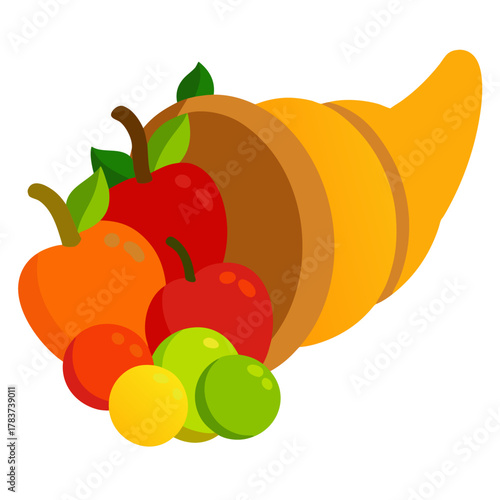 Harvest cornucopia overflowing with colorful fresh fruit design
