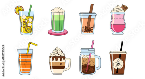 Collection of eight colorful iced drinks and beverages