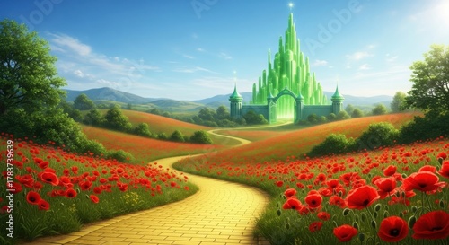 Winding yellow brick road leading to the glowing emerald city in poppy fields