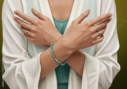 Woman in a white robe crosses her arms, displaying a turquoise beaded bracelet and wedding rings on her fingers.