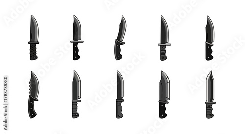 Collection of Sharp Hunting Knives on White Background.