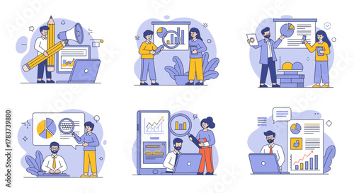 Business people collaborating on a project, analyzing data and presenting results in a modern office setting