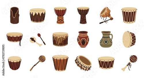 Collection of Various Traditional Drums and Percussion Instruments.