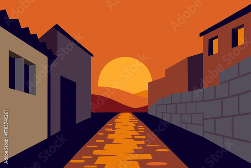 Stylized illustration of a cobblestone street at sunset with buildings on either side