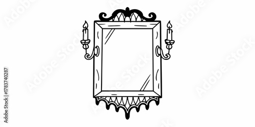 Illustration of a decorative mirror with candles on the sides and ornate details on the top and bottom on transparent background