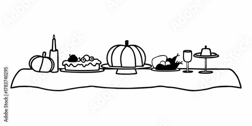 A festive table setting with pumpkin, cake, wine, and other treats in a simple line drawing style on transparent background