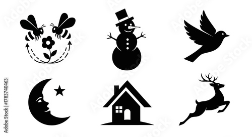 Various Nature Vector Illustrations Set Bees Flower Snowman Bird Moon House Deer Silhouette Drawing Clip Art Farm Elements Fauna Flora Wildlife Scene Peaceful Outdoors Graphic Design