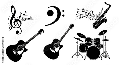 Musical Instrument and Note Silhouettes for Concert Posters and Music Education Vector Graphics Featuring Guitar, Saxophone, Drums, and Treble Clef Symbols