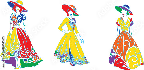 Women in colorful dresses and hats fashion