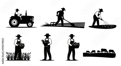 Farmers Vector Set Agriculture Farm Work Cultivation Livestock Harvest Farming Occupation Rural Life Gardener Tractor Cultivating Ploughing Sowing Crop Field