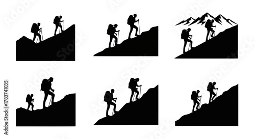 Hiking Silhouettes Vector Set Backpacking Trekking Outdoors Adventure Activity Tourism Mountaineering People Climbing Mountain Walker Sport Recreation Journey