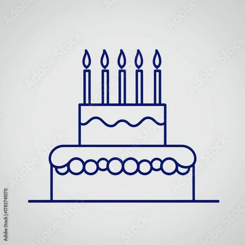 Simple line art birthday cake with five candles illustration