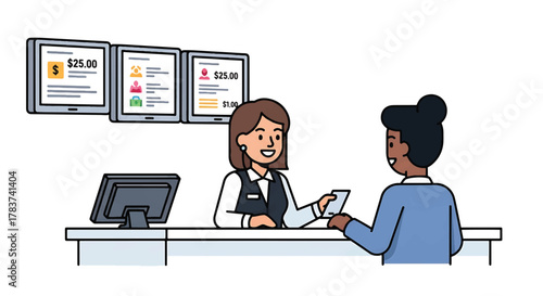 Customer service at a ticket booth with digital displays and a transaction