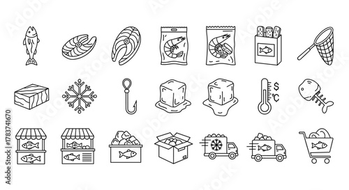 Collection of Frozen Fish Related Line Icons: A comprehensive set of outline signs perfect for graphic and web design, apps, adverts, and various cards, featuring a vector cartoon illustration of