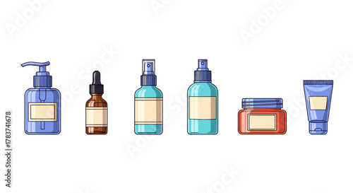 Collection of six assorted cosmetic bottles and containers, including a pump dispenser, dropper bottle, two spray bottles, a jar, and a tube, presented in a clean, flat vector cartoon style on a