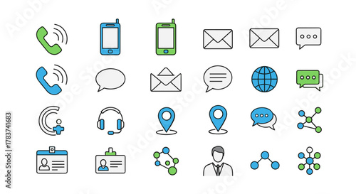 Vibrant and Modern Contact Us and Communication Line Icon Collection, featuring editable strokes, perfect for infographics, articles, books, flyers, banners, and vector cartoon illustrations