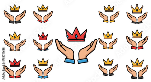 Collection of stylized cartoon icons depicting open hands holding crowns in various colors, symbolizing royalty, success, achievement, and leadership. These versatile vector graphics are perfect for